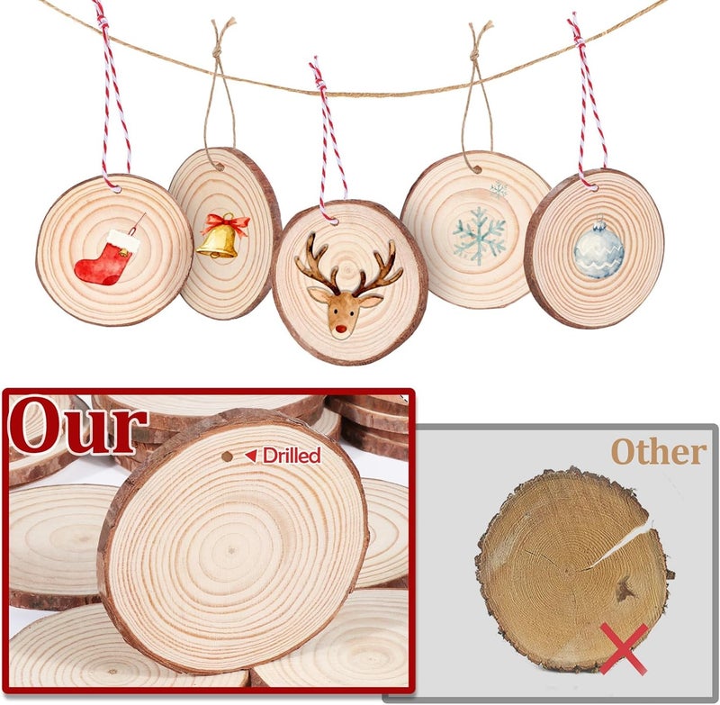 Timburst 2.75"-3.14" Unfinished Wooden Ornaments for Crafts, 50Pcs Wood Slices, Wood Painting Craft Kit Glow-in-the-Dark, DIY Ornaments to Paint for Kids Craft Winter New Year Party Hanging Decoration - Image 3